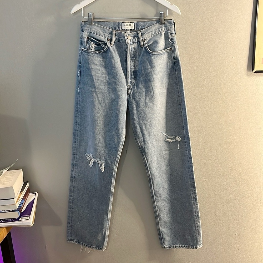 Agolde Light Blue Distressed 90s mid rise Straight Leg Jeans